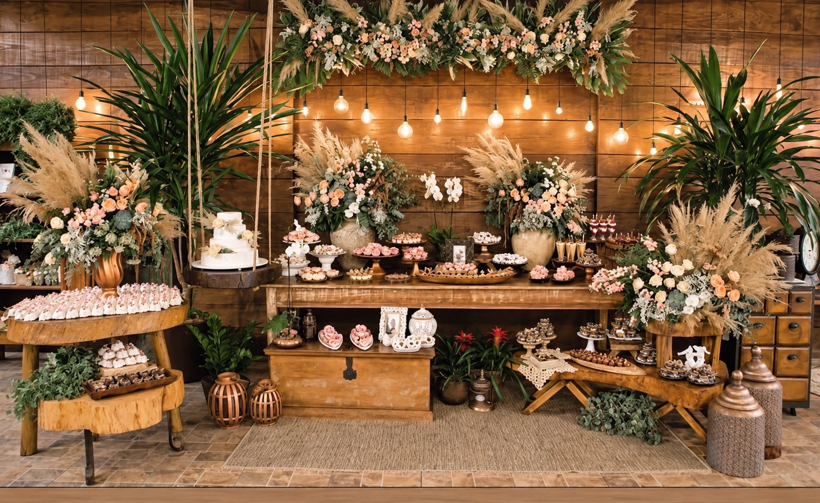 Mesa do bolo com arranjos florais e iluminação acolhedora